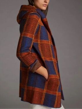 Anthropologie Brown Plaid Wool Jacket with Navy Trim